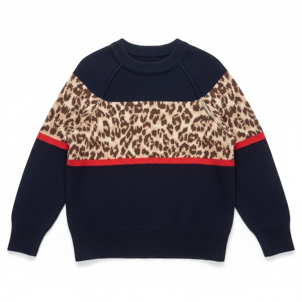 Aerie Leopard Crewneck Sweater Navy Blue XS Animal Print Fall Preppy Streetwear